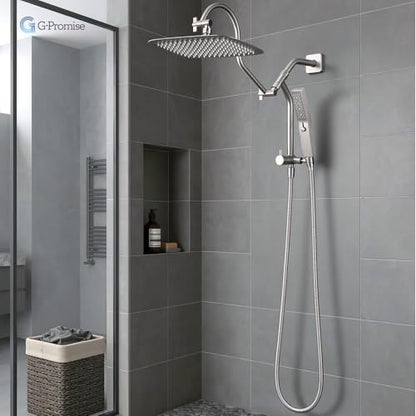 G-Promise Metal Shower Diverter with Low Handheld Holder (Brushed Nickel) | 10 Inch Downward-Extend Bracket for All Heights, 4 Spray Modes with Pause, Anti-Leak, Easy Install, Universal Replacement - color: Brushed Nickel, size: Lower 9 Inch