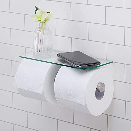 JackCubeDesign Double Toilet Paper Holder with Glass Shelf, Wall Mount Stainless Steel Dual Tissue Dispenser Holders for Bathroom (Glass Type2) - MK428D