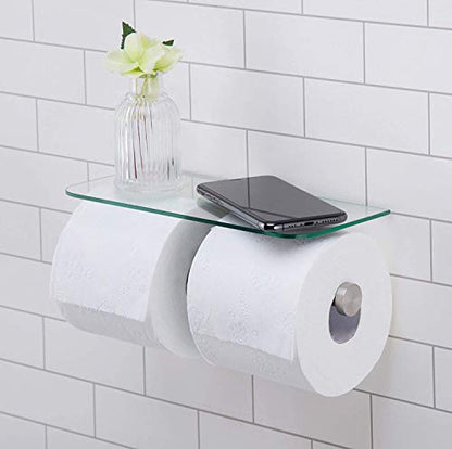 JackCubeDesign Double Toilet Paper Holder with Glass Shelf, Wall Mount Stainless Steel Dual Tissue Dispenser Holders for Bathroom (Glass Type2) - MK428D