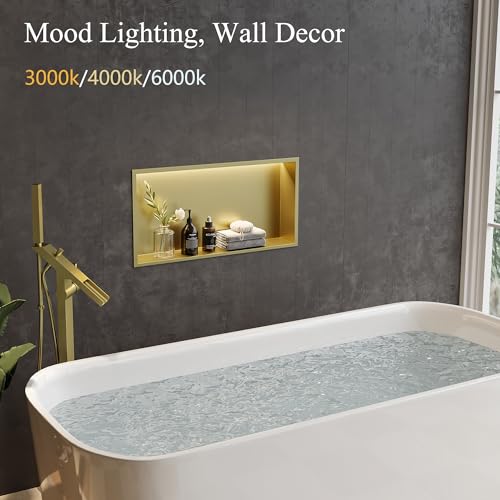 24"x12" Gold LED Shower Niche,3 CCT Dimmable Light, No Tile Needed | 304 Stainless Steel Bathroom Niche w/ Light(3000K/4000K/6000K), IP66 Waterproof, Space Saving & Durable ,LED Driver Included - color: Brass Gold, size: 24X12In