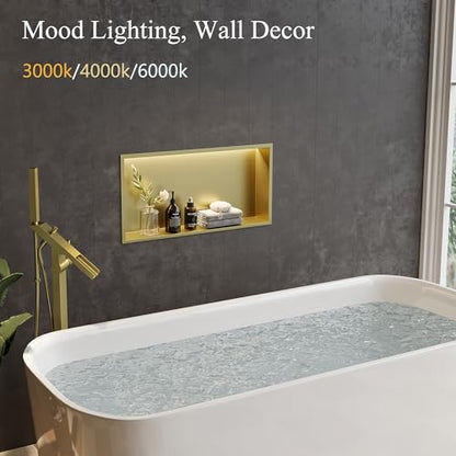 24"x12" Gold LED Shower Niche,3 CCT Dimmable Light, No Tile Needed | 304 Stainless Steel Bathroom Niche w/ Light(3000K/4000K/6000K), IP66 Waterproof, Space Saving & Durable ,LED Driver Included - color: Brass Gold, size: 24X12In