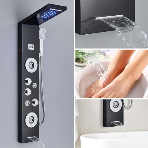 AlenArt Shower Panel Tower System Rainfall Waterfall Shower Head with Body Jets Stainless Steel Rain Massage System 5-Function High Pressure Shower Panel Tower System,HFT8029 - color: Black