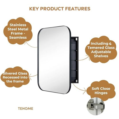 TEHOME Black Rectangle Bathroom Medicine Cabinet with Mirror Matt Black Recessed and Surface Mount Stainless Steel Metal Framed Rounded Rectangular Bathroom Cabinet with Mirror 22x30'' - size: 22 x 30''