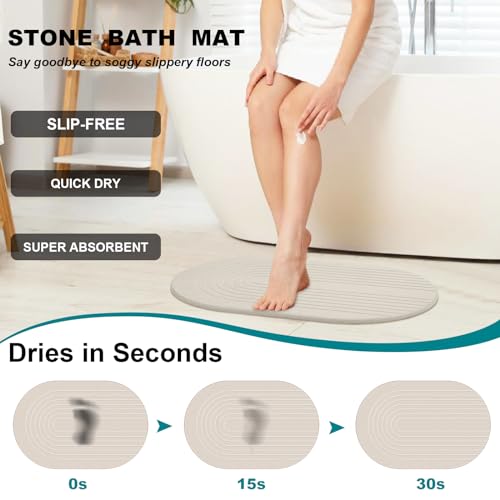 Elfcool Stone Bath Mat Diatomaceous Earth Shower Mat Non Slip Quick Dry Bath Stone Mat Super Absorbent Bathroom Floor Mat for Bathroom Kitchen Counter (Off White) - color: Off White