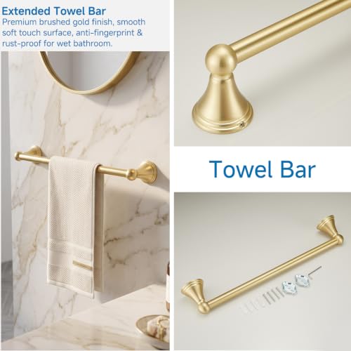 4-Piece Bathroom Hardware Accessories Kit, Zynuhmo Brushed Gold Towel Bar Set Wall Mounted with 20'' Towel Bar, Towel Ring & Toilet Paper Holder, Robe Hook Set Fixtures for Modern Farmhouse Bathroom - color: Brushed Gold