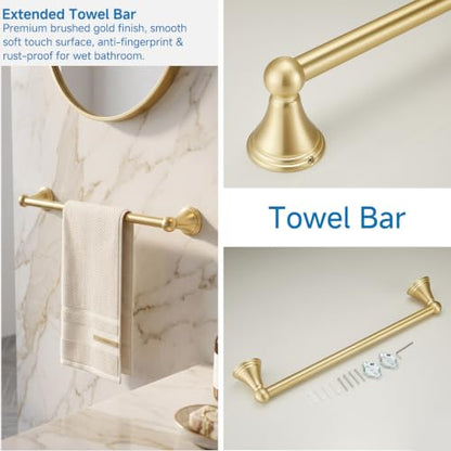 4-Piece Bathroom Hardware Accessories Kit, Zynuhmo Brushed Gold Towel Bar Set Wall Mounted with 20'' Towel Bar, Towel Ring & Toilet Paper Holder, Robe Hook Set Fixtures for Modern Farmhouse Bathroom - color: Brushed Gold