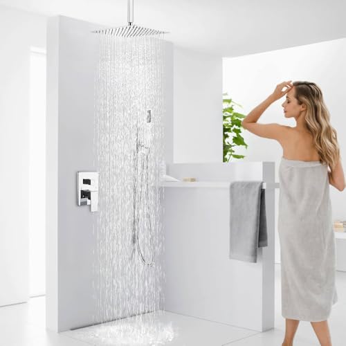 16 Inch Polished Chrome Ceiling Mount Shower System Bathroom Luxury Rain Mixer Shower Combo Set Ceiling Rainfall Shower Head System Faucet Contain Rough-in Valve and Trim Included - color: Polished Chrome, size: 16 Inch