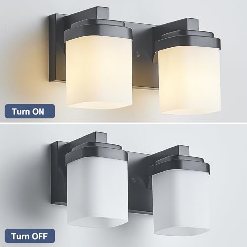 10 Inches Bathroom Vanity Light, 2-Light Black Bathroom Light Fixtures Over Mirror, Bathroom Light Shower Lamp with Milky White Square Glass Shade, Modern Farmhouse Lighting Fixtures - color: Black, size: 10 Inch : 2-lights