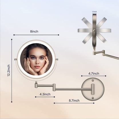 Rechargeable Wall Mounted Lighted Makeup Mirror, 8 Inch Double-Sided LED Vanity Mirror 1X/10X Magnification,3 Color Lights Touch Screen Dimmable 360°Swivel 13 Inch Extendable - color: 8 Inch Nickel