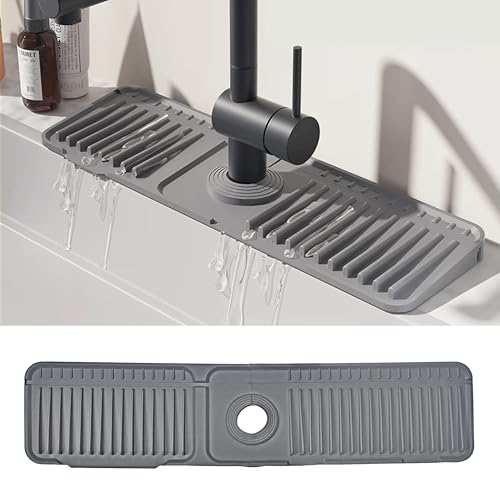 STARGAZ Silicone Faucet Mat for Kitchen Sink,Faucet Draining Mat,Sink Back Splash Guard,Kitchen Rubber Mat,Bathroom Sink Faucet Mat,Soap Dish,Silicone Sink Protector(Grey, 24”×5.5”) - color: Gray, size: 24”×5.5”