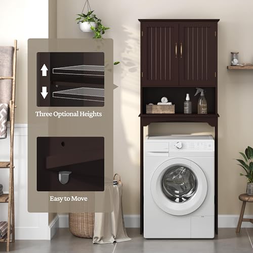 Topeakmart Over The Toilet Storage Cabinet, Bathroom Organizer, Espresso | Bathroom Shelf Over Toilet with Adjustable Shelf & Double Doors, Home Space-saving Furniture, L24.5xW9xH66 Inches - color: Espresso