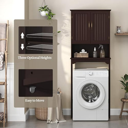 Topeakmart Over The Toilet Storage Cabinet, Bathroom Organizer, Espresso | Bathroom Shelf Over Toilet with Adjustable Shelf & Double Doors, Home Space-saving Furniture, L24.5xW9xH66 Inches - color: Espresso