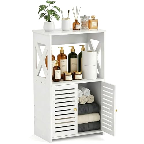 BYFU 3-Tier Bathroom Floor Cabinet with Door and Shelf, 14.2" W x 24.4" H | White Small Storage, Freestanding Organizer, for Living Room, Hallway, Kitchen, Easy Assembly