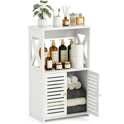 BYFU 3-Tier Bathroom Floor Cabinet with Door and Shelf, 14.2" W x 24.4" H | White Small Storage, Freestanding Organizer, for Living Room, Hallway, Kitchen, Easy Assembly