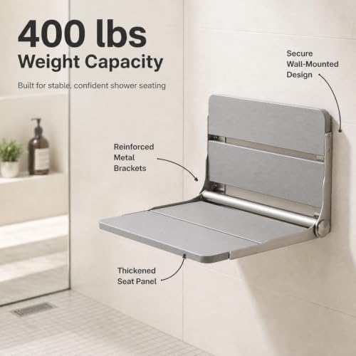 400 lbs Capacity Upgraded Wide Bracket Wall Mounted Folding Shower Seat, Heavy Duty Waterproof Fold Down Shower Bench, Foldable Shower Chair for Inside Shower, Home Care,Gray - color: Grey