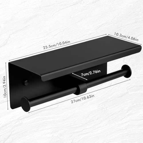 Double Toilet Paper Holder with Shelf, Wall Mount Tissue Roll Holder for Bathroom, 304 Stainless Steel Commercial Toilet Tissue Dispensers with Phone Shelf(Black) - color: Black