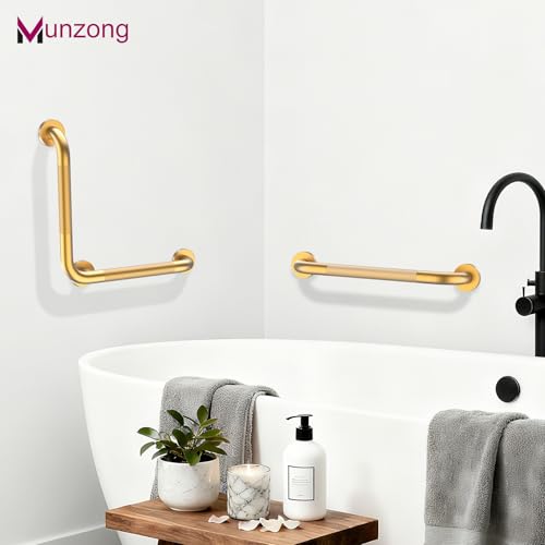 16x16 Inch Munzong Angled Gold Bathroom Grab Bars for Shower | Angled Grab Bar Anti Slip Stainless Steel Knurled Safety Handle Support Elderly Injury Senior - color: Gold