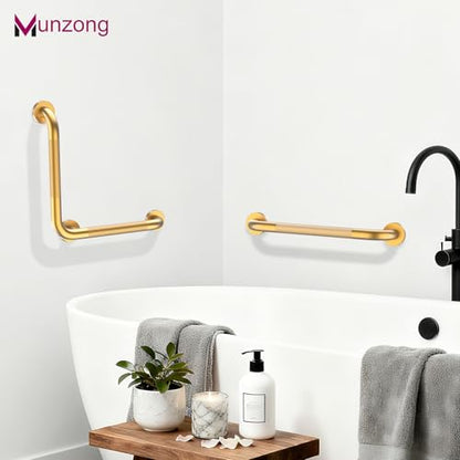 16x16 Inch Munzong Angled Gold Bathroom Grab Bars for Shower | Angled Grab Bar Anti Slip Stainless Steel Knurled Safety Handle Support Elderly Injury Senior - color: Gold
