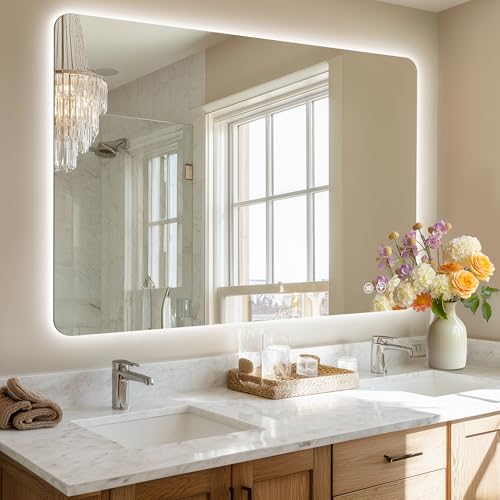 48''x36'' Lighted Mirrors for Bathroom Wall Backlit Rectangular Rounded Corners, LED Bathroom Mirror Frameless with Lights Anti Fog, Dimmable, 3 Colors,Tempered Glass, Shatter-Proof (Color 2) - color: Color 2, size: 48"L x 36"W