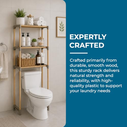 Honey-Can-Do 3-Tier Wood Over-the-Toilet Storage Shelf, Natural | Space-saving natural wood shelf fits over toilet/small appliances. 2 slatted shelves + hanging bar. Tool-free build.