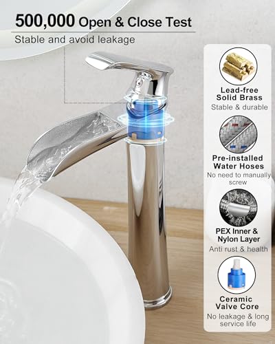 Bathroom Waterfall Faucet, Brass Tall Chrome Bathroom Faucet One Handle, Vessel Sink Faucet 1 Hole, Faucet for Bathroom Sink with Pop-Up Drain & Supply Hoses for Vanity Lavatory RV Farmhouse - color: Chrome