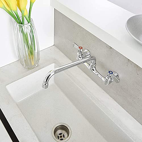 Wall Mount Kitchen Faucet with 12 Inch Swivel Spout, Chrome | Lead-Free Brass,Dual Handle Hot/Cold,8" Center,3 Compartment Commercial Faucet for Kitchen Laundry Room Restaurant - size: 12 Inch