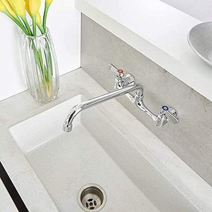 Wall Mount Kitchen Faucet with 12 Inch Swivel Spout, Chrome | Lead-Free Brass,Dual Handle Hot/Cold,8" Center,3 Compartment Commercial Faucet for Kitchen Laundry Room Restaurant - size: 12 Inch