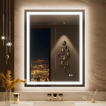 Keonjinn 28" x 36" Lighted Mirrors for Bathroom Wall, Safe Tempered Glass | Frontlit & Backlit, 3000K/4500K/6000K, Dimmable, Energy-Saving Power Driver, Anti-Fog, Smart LED Bathroom Mirror with Lights - size: 36"L x 28"W