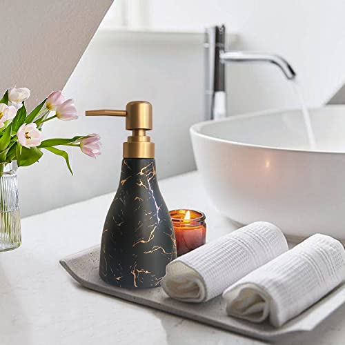Ceramic Soap Dispenser with Marble Pattern - Black Dispenser for Bathroom and Kitchen - Liquid Hand Soap Pump Bottle - color: Black Marble Cone Bottle