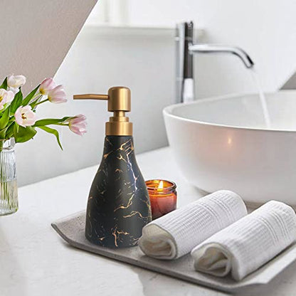 Ceramic Soap Dispenser with Marble Pattern - Black Dispenser for Bathroom and Kitchen - Liquid Hand Soap Pump Bottle - color: Black Marble Cone Bottle