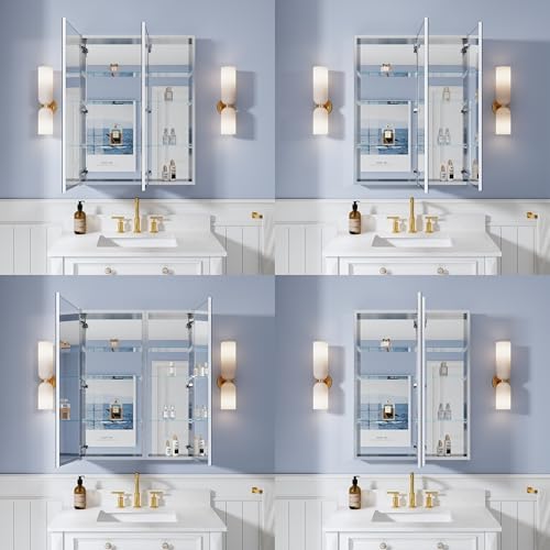 28" x 36" Bathroom Medicine Cabinet with Mirror, Anodized Chrome Aluminum Frame, Surface Mount or Recessed Medicine Cabinet with Mirror, Bathroom Mirror with Storage, Double Doors - size: 28"x36"-A