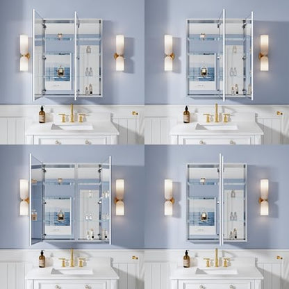 28" x 36" Bathroom Medicine Cabinet with Mirror, Anodized Chrome Aluminum Frame, Surface Mount or Recessed Medicine Cabinet with Mirror, Bathroom Mirror with Storage, Double Doors - size: 28"x36"-A