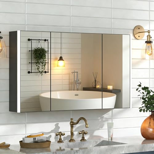 40 x 24 Medicine Cabinet with Lighted Mirror, Pre-Assembled Black Medicine Cabinets Mirror with Storage for Bathroom, Surface/Recessed Wall Mounted Farmhouse Large Medicine Cabinet - color: Lighed -Black, size: 40 x 24