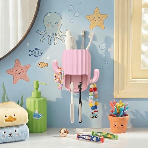 Kids Toothbrush Holder Wall Mount, Cute Cactus (Light Pink) | Bathroom Organizer, PP Cactus Holder, Toothbrush Toothpaste Hair Tie Accessories,Multi-Function Organizer - color: Pink