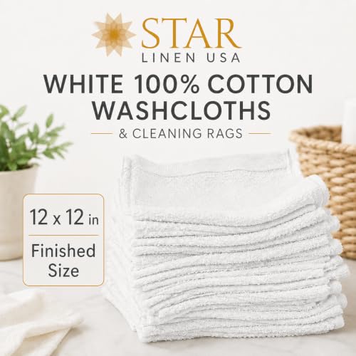 100% Cotton Washcloths 12 Pack, White, 12 x 12 in, Multipurpose | Lightweight 1.3 oz Each, Hemmed Edges, Machine Washable, for Bath, Hospitality, Cleaning, Painting, Staining and Crafts - size: 1 LB Per Dozen