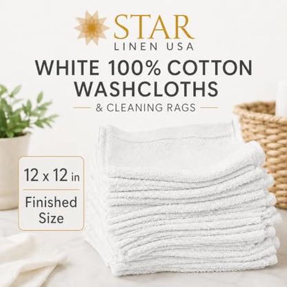 100% Cotton Washcloths 12 Pack, White, 12 x 12 in, Multipurpose | Lightweight 1.3 oz Each, Hemmed Edges, Machine Washable, for Bath, Hospitality, Cleaning, Painting, Staining and Crafts - size: 1 LB Per Dozen