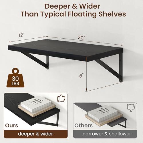Deep Floating Shelves - 20 Inch Black Floating Shelves Set of 2-12 Inch Deep Wood Wall Shelves for Living Room Bathroom Kitchen - color: Black, size: 20W x 12D