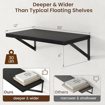 Deep Floating Shelves - 20 Inch Black Floating Shelves Set of 2-12 Inch Deep Wood Wall Shelves for Living Room Bathroom Kitchen - color: Black, size: 20W x 12D