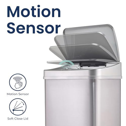 Ninestars 13 Gallon Automatic Trash Can, 50L Touchless Motion Sensor Garbage Can with Odor-Sealing Lid, Rectangular Stainless Steel, Silver Trim - color: Silver Trim