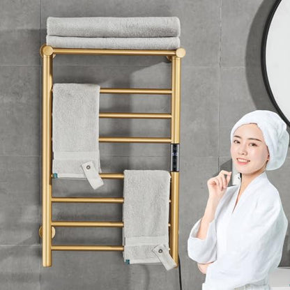 Gold Heated Towel Warmer Rack, Electric Heated Towel Drying Rack for Bathroom Radiator 70W, 7 Bar Wall Mounted Heated Towel Rail with Top Shelf Stainless steel Towel Warmer, 72*45*25Cm(Plug In)