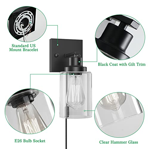 Plug in Wall Sconces, 2 Pack Wall Lamp, Rustic Plug in Wall Light Sconces, Sconces Wall Lighting, E26 Modern Wall Light Fixtures - color: Black, size: 1-Light