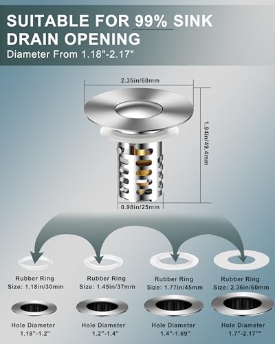Bathroom Sink Drain Strainer,Universal Fit 99% Bathroom Sink Stopper, Anti-Clog Stainless Steel Drain Filter Basket, Removable Sink Drain for Bathroom Sink Stopper for (1.18'' to 2.17'' inch) Drain