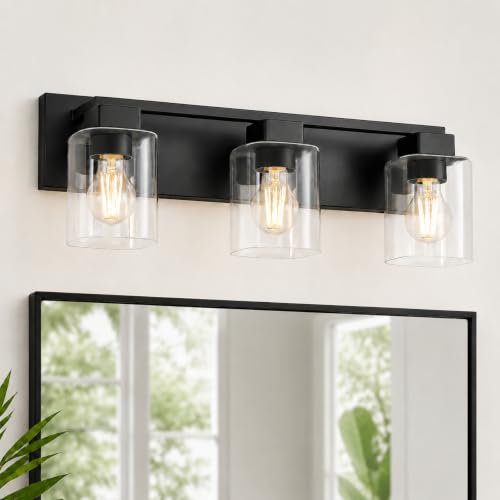 21.6 Inch Bathroom Light Fixtures, with Clear Glass Shade | 3-Light Matte Black Bathroom Lighting Fixtures Over Mirror, Modern Wall Light, bathroom vanity light E26 Socket, ETL - color: Black, size: 3-Light
