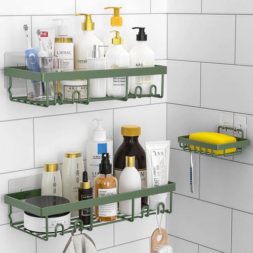 Moforoco 3-Pack Shower Caddy Basket Shelf with Soap Holder, No Drilling Traceless Adhesive Shower Wall Shelves, Rustproof Black Bathroom Shower Storage Organizer - color: Sage green