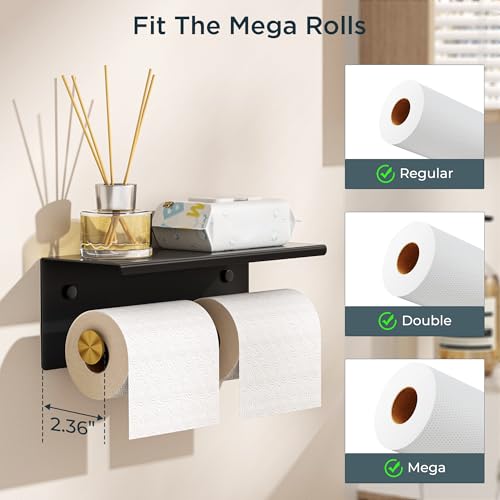 FORIOUS Toilet Paper Holder with Shelf, Commercial Toilet Paper Dispensers | Black and Gold | Wall Mount Bathroom Tissue Holder | SUS304 Stainless Steel Rustproof | Double Tissue Roll Holder - color: Matte Black & Brushed Gold
