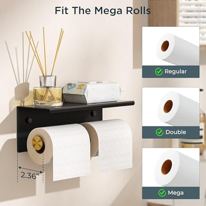 FORIOUS Toilet Paper Holder with Shelf, Commercial Toilet Paper Dispensers | Black and Gold | Wall Mount Bathroom Tissue Holder | SUS304 Stainless Steel Rustproof | Double Tissue Roll Holder - color: Matte Black & Brushed Gold