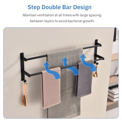 Matte Black Double Towel Rack with Hooks for Bathroom, 30 Inch Stainless Steel Long Towel Bar - Wall Mounted Towel Rails Holder - color: Matte Black, size: 30-Inch