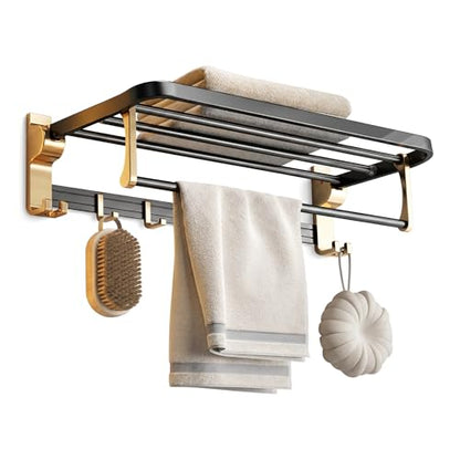 Towel Storage for Small Bathroom、 24 inch Towel Rack，Bath Towel Holder， Foldable Towel Rack with 7 Hooks, Bathroom and Toilet wall Mounted Towel Rack Made of Aviation Aluminum (Luxury Black Gold)