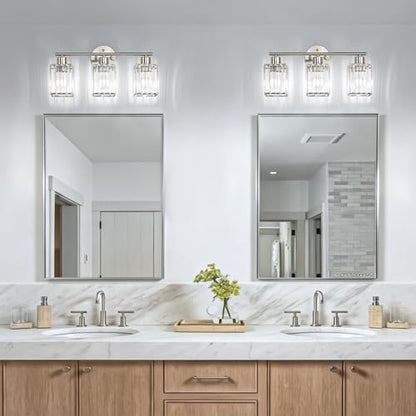 3 Light Bathroom Light Fixtures, Modern Crystal Vanity Lights over Mirror | Metal Frame, Bathroom Light with Square Crystal Shade, ETL Certified, E26 Ceramic Socket, Bulbs Not Included - color: Brushed Nickel, size: 3-Light