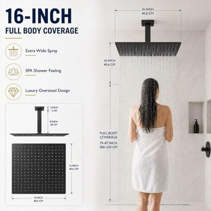 Black Rainfall Shower Head BSTIIU 16 Inch Square Ceiling Mounted Showerhead, Ultra Thin Stainless Steel Overhead Shower Head, Matte Black - color: Matte Black, size: 16-Inches, style: Square